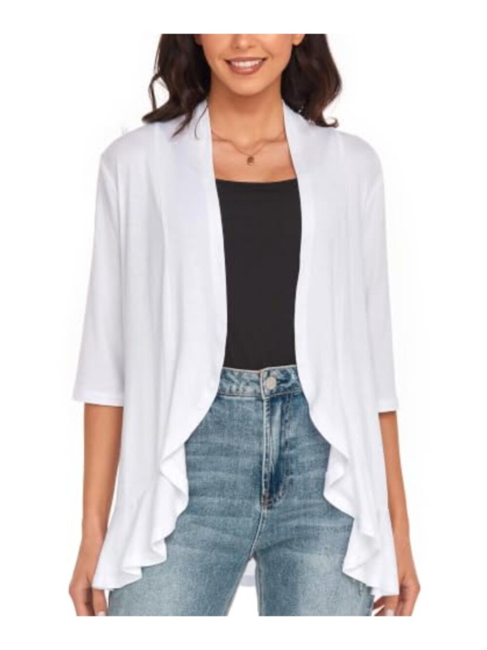 Women's 3/4 Sleeve Cardigan Open Front Shawl Collar Ruffle Asymmetrical